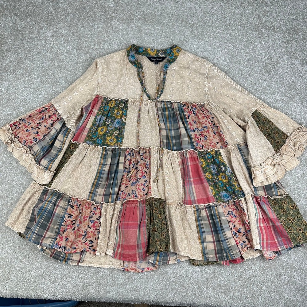 Young Threads Boho Patchwork Tiered Peasant Top Bell Sleeve Medium Mixed Cottage